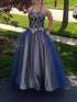 Ball Gown Sleeveless Spaghetti Straps Beading Floor-Length Tulle Prom Dresses