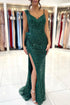 Spaghetti Strap Green Mermaid Long Prom Dress with Split Sequins