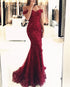 Burgundy Long Mermaid Off the Shoulder Tulle Beaded Lace Prom Dresses