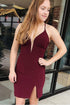 Burgundy Split Homecoming Dress Short Prom Dress With Criss Cross Back PD292