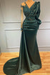Dark Green Long Sleeves Mermaid V-Neck Satin Beadings Evening Prom Dress