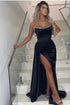 Strapless Draped Satin Mermaid Split Front Prom Dress with Beads
