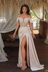 Off The Shoulder Champagne Mermaid Prom Dress with Beadings Split and Ruffles