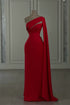 Charming Column Chiffon One Shoulder Long Sleeve Red Prom Dresses With Rhinestone