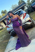 Charming Column Satin Sweetheart Sleeveless Purple Prom Dress With Sequined Train