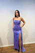 Charming Long Purple Strapless Satin Split Front Sleeveless Prom Dress With Ruffles