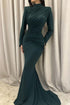 Charming Mermaid Satin High Neck Long Sleeve Prom Dresses With Ruffles Buttons