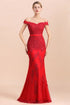 Charming Off-the-Shoulder Lace Appliques Red Mermaid Bridemaid Dres Slim Evening Gown