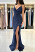 Dark Blue Glitter Long Mermaid Spaghetti Straps V-neck Prom Dresses With Slit
