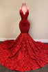 Sexy Deep V Neck Open Back Red Halter Spaghetti Straps Sequin Mermaid Prom Dress