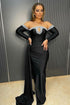 Deluxe Black Floor Length Long Sleeves Mermaid Satin Prom Dress with beads