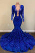 Royal Blue Long Sleeve Mermaid Prom Dress with Appliques and Beads