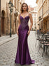 Purple Mermaid Spaghetti Straps Satin Long Corset Appliqued Prom Dress