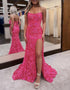 Fuchsia Strapless Sequins Lace Mermaid Prom Dresses with Slit