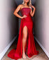 Ryann | Red Strapless Satin Long Prom Dress with Slit