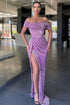 Lilac Split Front Off-The-Shoulder Prom Dress  With Sequins