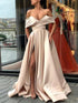 Elegant A-line Off the Shoulder Satin Long Formal Prom Dresses with Slit