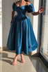 Elegant Blue Off-the-shoulder A-Line Ankle-Length Satin Prom Dresses