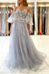Elegant Long A-line Off the Shoulder Tulle Formal Prom Dress with Sleeves