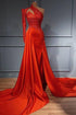 Elegant Long A-line One Shouder Satin Prom Dress with Sleeves