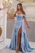 Elegant Long Blue Satin Off-the-shoulder A-line Evening Dresses With Slit