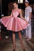 Elegant Short Pink Halter V-neck Sleeveless Prom Dress With Glitter