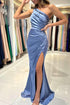 Exquisite Long Mermaid One Shoulder Satin Formal Prom Dresses with Slit