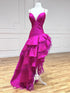 Fuchsia A Line V Neck Irregular Long Prom Dress