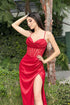 Fabulous Column Satin Lace Spaghetti Straps Sleeveless Red Prom Dress With Ruffles Split Front