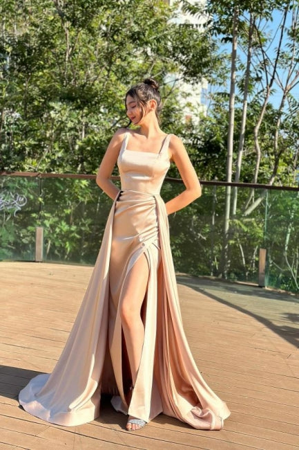 Fabulous Column Satin Square Sleeveless Prom Dresses With Split Train ...