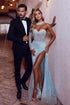 Long Mermaid One Shoulder Front Slit Sequined Prom Dress with Sleeves
