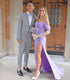 Lilac Off The Shoulder Pleated Side Slit Long Prom Evening Dresses Y1287