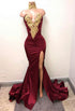 Front-Split High Neck Mermaid Burgundy Lace Appliques Prom Dresses