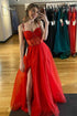 Patricia | Glitter Red Straos Beaded A-Line Formal Dress with Slit