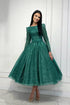 Glamorous Dark Green A-line Sequined Ankle Length Prom Dress with Long Sleeves