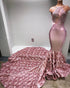 Glamorous Halter Mermaid Pink Prom Dress Lace With 3D-Floral Flowers Bottom