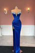 Glamorous Long Royal Blue Column Jewels Strapless Prom Dress With Slit
