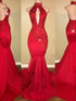 Gorgeous Mermaid Halter Sleeveless Applique Charmeuse Prom Dresses