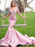 Gorgeous Mermaid Long Sleeves V-neck Applique Satin Prom Dresses