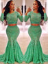 Gorgeous Mermaid Scoop Long Sleeves Lace Ruffles Two Piece Prom Dresses