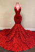 Halter Spaghetti Strapes Glitter Floral Lace Mermaid Prom Dress