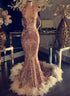 Halter V-neck Sequined Appliques Prom Dress with Feather