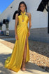 Iras | Yellow Halter Satin Mermaid Long Prom Dress With Slit