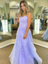 Long A-line Lace Tulle Backless Prom Dresses Purple Formal Evening Dresses