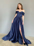 Long A-line Off Shoulder Satin Prom Dresses with Slit Dark Navy Formal Graduation Evening Dresses
