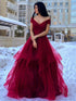 Long A-line Off the Shoulder Fluffy Tulle V Neck Prom Formal Evening Dresses
