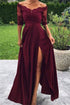 Long A-line Off-the-shoulder Front Slit Burgundy Prom Dress with Sleeves