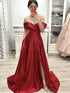 Long A-line Off the Shoulder Satin Front Slit Formal Prom Dresses with Pockets