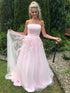 Long A-line Strapless Tulle Lace Prom Dress Pink Formal Graduation Evening Gowns