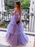 Long A-line Sweetheart Spaghetti Straps Tulle Layered Open Back Formal Prom Dress